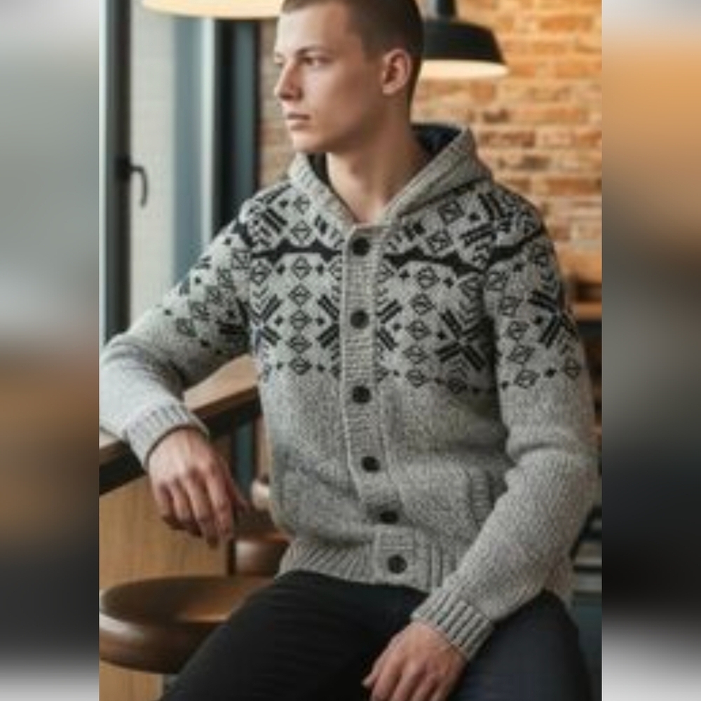 Coupé men's wool blend button up hooded jacket Nordic sweater XXL - Picture 13 of 13